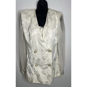 Vintage 80s Braunstyle Double Breasted Floral Blazer Sheer Sleeves Size 5/6